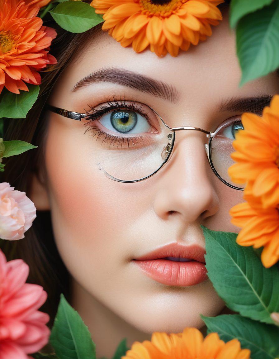 A close-up of a pair of beautiful, expressive eyes surrounded by delicate flowers and leaves, symbolizing natural beauty and care. Vibrant colors highlighting the eyes with a gentle gradient background that evokes tranquility and clarity. Include subtle elements such as a pair of eyeglasses and eye care products. super-realistic. vibrant colors. soft focus.
