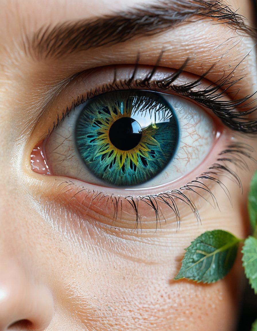 A close-up of a pair of diverse eyes, one showcasing strong eyesight with an intricate overlay of vibrant visual elements like nature and technology, while the other eye features blurred visions with a hint of medical diagrams of eye anatomy. Incorporate metaphoric elements like a light beam enhancing sight from an eye specialist's tool. Blend colors to symbolize clarity and improvement. hyper-realistic. vibrant colors. white background.