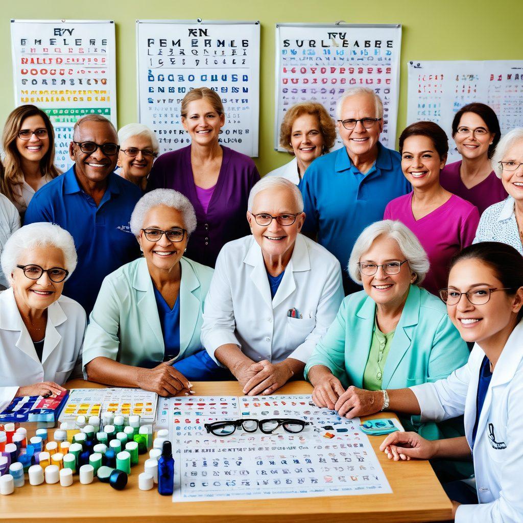 A diverse group of people of different ages, from children to seniors, engaging in various eye therapies, with colorful bottles of eye medications and therapy equipment displayed around them. Include a backdrop of an eye chart and posters depicting healthy eye habits. Create an inviting atmosphere that emphasizes the importance of ocular health across generations. vibrant colors. super-realistic.